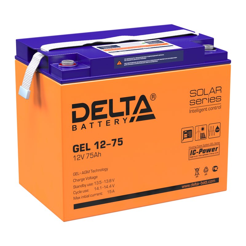 Гелевый аккумулятор Delta GEL 12-75, 12 В 75 Ач
